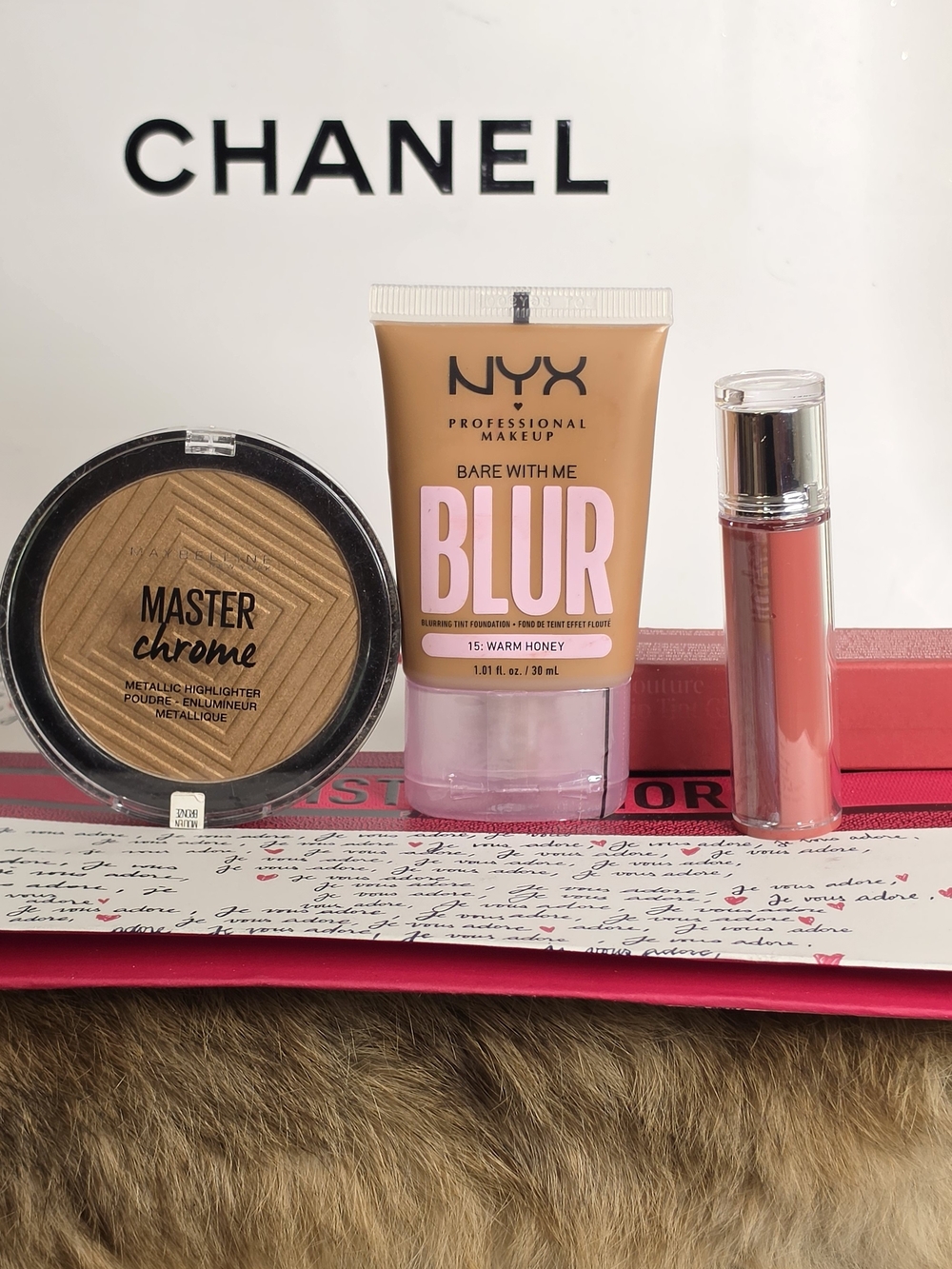 NYX Warm Honey Foundation,korean Couture Lip Tint,and Maybelline Highlighter